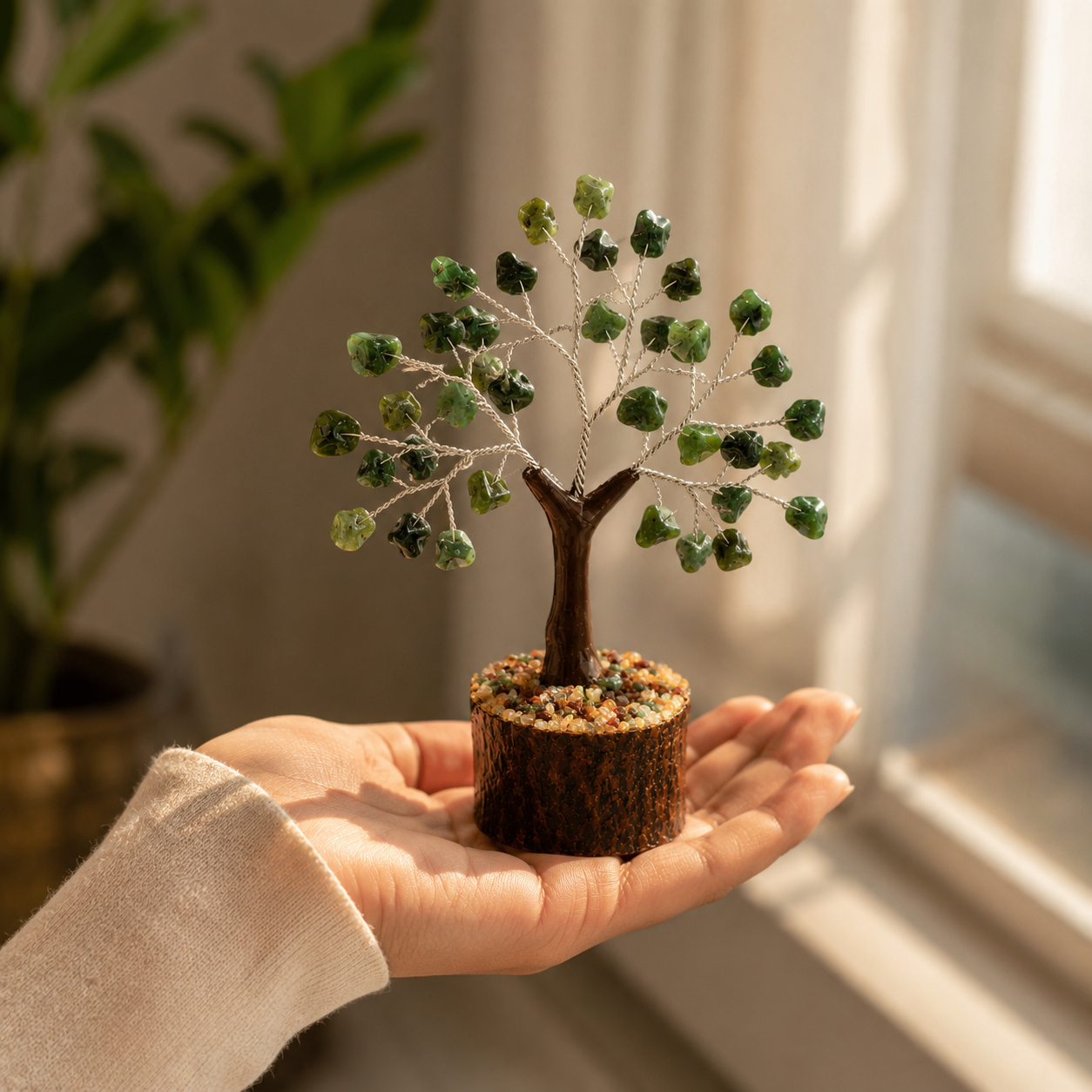 Green Jade Crystal Tree – 50 Bead Handcrafted Gemstone Tree | Prosperity & Positive Energy