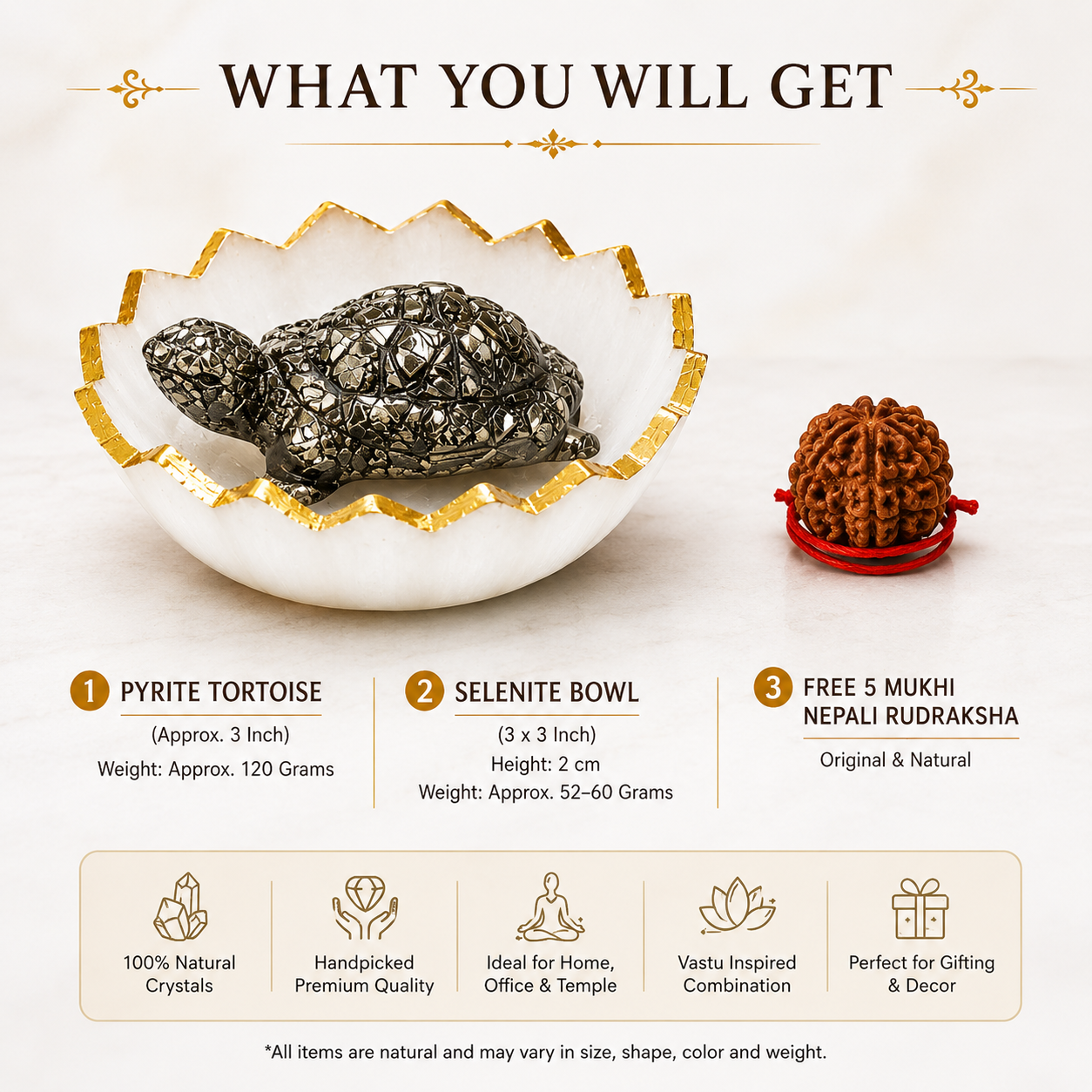 Pyrite Tortoise in Selenite Bowl | Vastu Prosperity Combo with Free Rudraksha