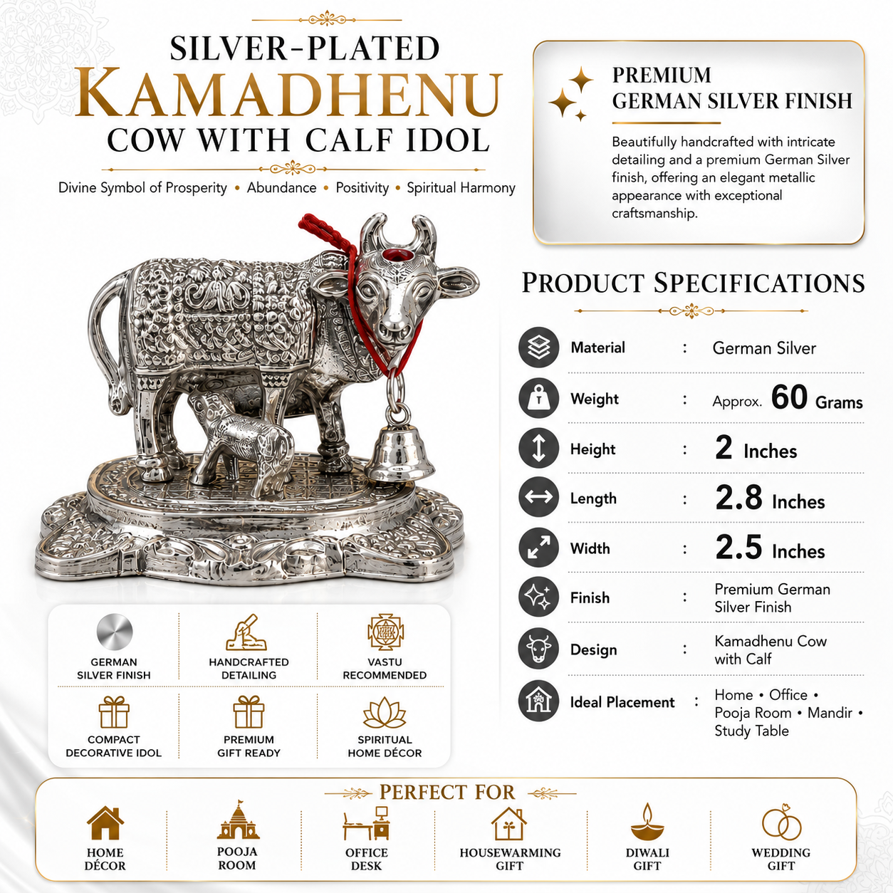 Silver-Plated Kamadhenu Cow & Calf Idol for Pooja Room & Home