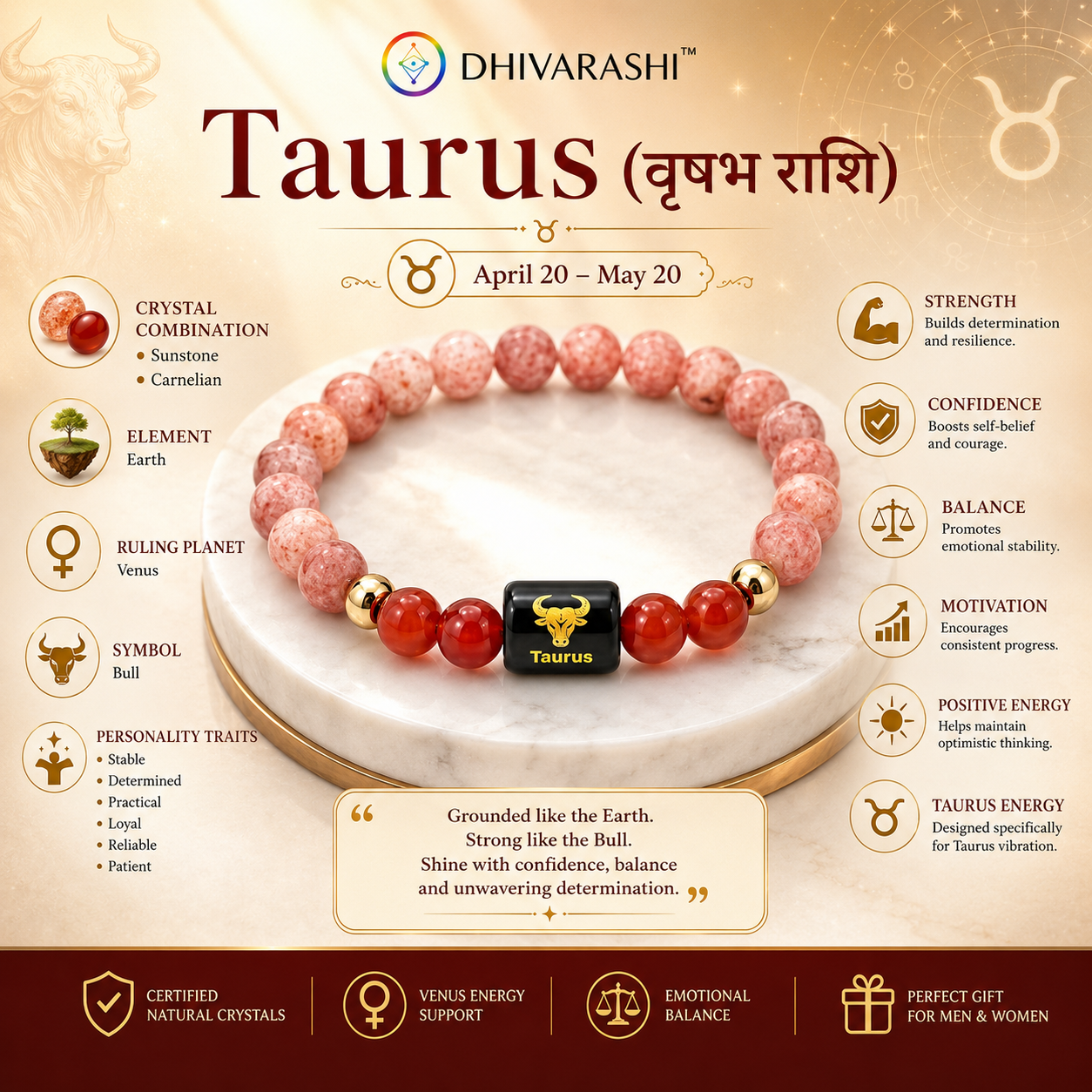 Taurus Zodiac Bracelet – Certified Sunstone & Carnelian Crystal Bracelet | Dhivarashi