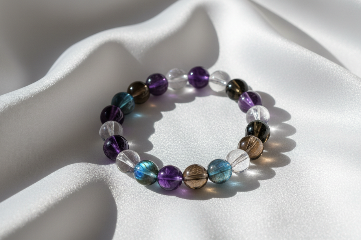 combination bracelet of Amethyst, Smoky Quartz, Clear Quartz, Labradorite, Tourmaline on silky white cloth