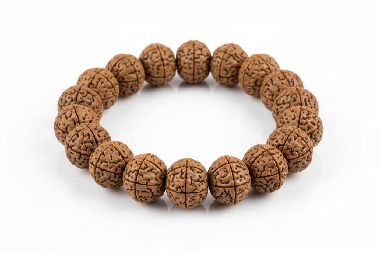 Create a premium product image of a **3 Mukhi Rudraksha Bracelet** made with natural Rudraksha seeds on elastic thread. Arrange the bracelet neatly in a circular shape on a clean white background with soft shadows. Highlight the seed texture and Agni Devโs confidence and spiritual healing energy. 1:1 square image.
