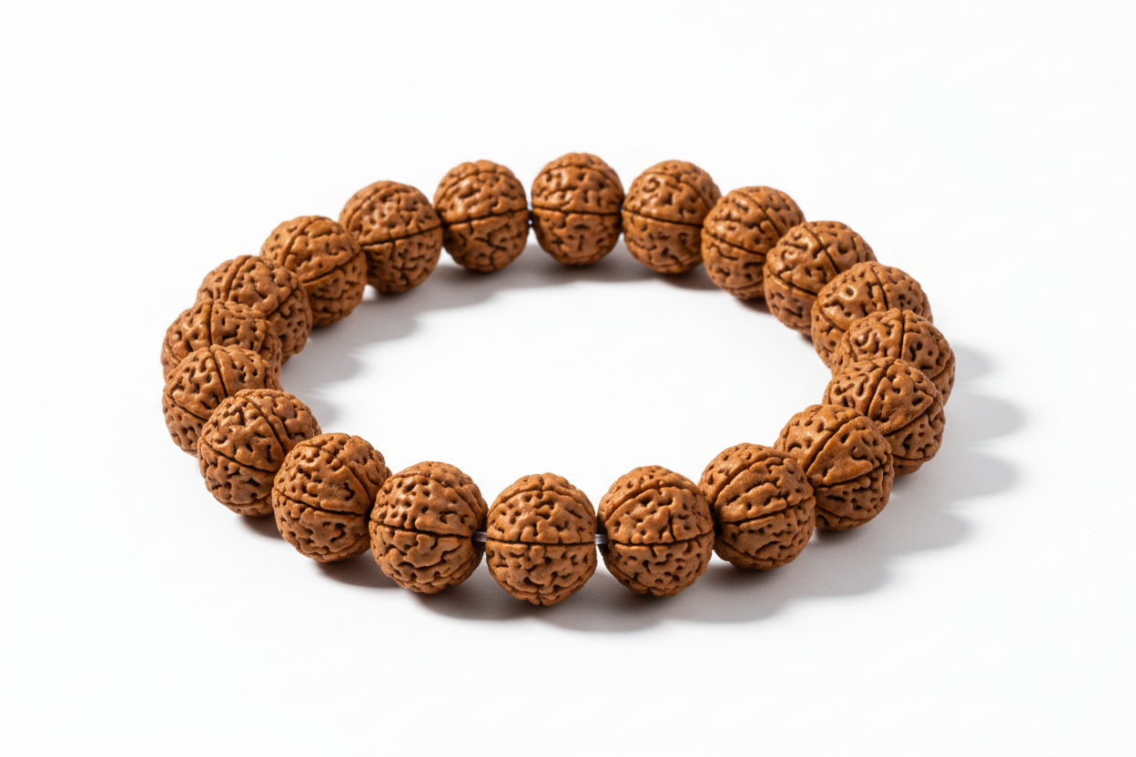 Create a premium product image of a **5 Mukhi Rudraksha Bracelet** made with natural Rudraksha beads on elastic thread. Arrange the bracelet neatly in a circular shape on a clean white background with soft shadows. Highlight the authentic seed texture and Lord Shivaโs meditation and stress-relief spiritual energy. 1:1 square image.