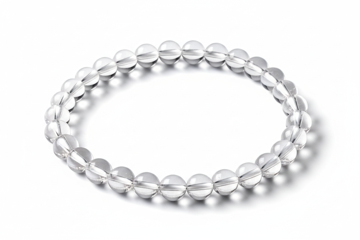Create a premium product image of a **Clear Quartz Energy Bracelet** made with natural Sphatik crystal beads. Arrange the bracelet neatly in a clear circular shape on a clean white background with soft shadows. Highlight the transparent crystal clarity and positive energy amplification. 1:1 square image.