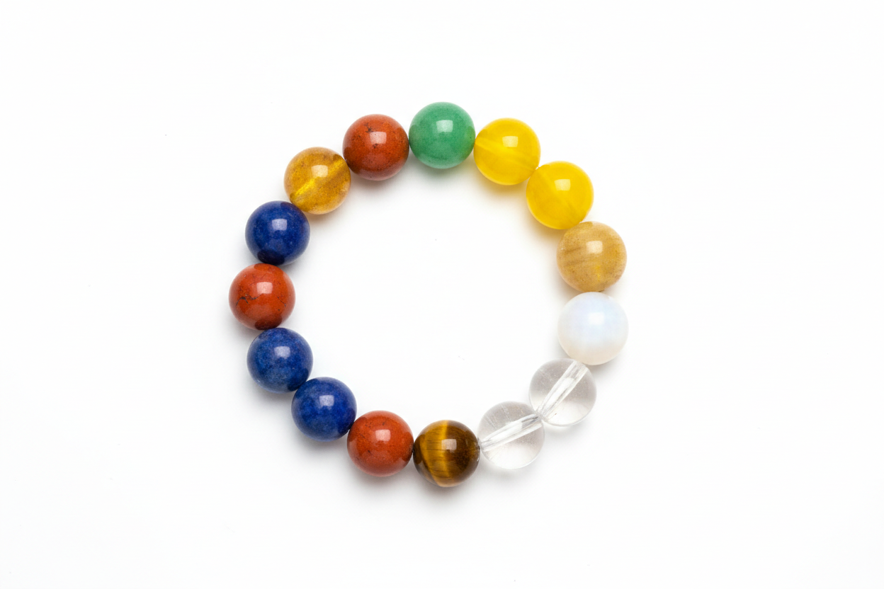 Create a premium product image of a **Navgraha Shanti 9 Stone Bracelet** made with Lapis, Sunstone, Jasper, Citrine, Aventurine, Moonstone, Tiger Eye, Clear Quartz, and Pyrite beads. Arrange the bracelet neatly in a circular shape on a clean white background with soft shadows. Highlight the vibrant multi-stone colors and Navgraha planetary healing energy. 1:1 square image.