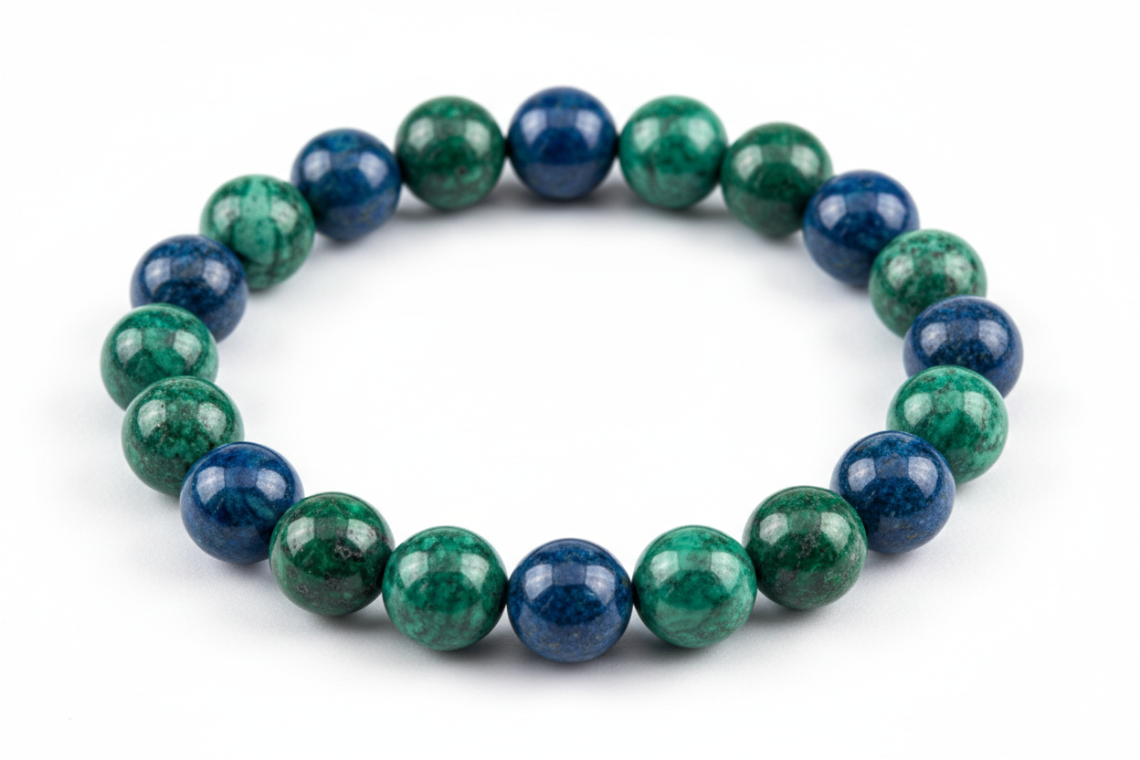 Create a premium product image of a **Peacock Azurite Malachite Bracelet** made with natural blue-green healing crystal beads. Arrange the bracelet neatly in a circular shape on a clean white background with soft shadows. Highlight the unique mixed colors and intuition, emotional balance, and spiritual growth energy. 1:1 square image.