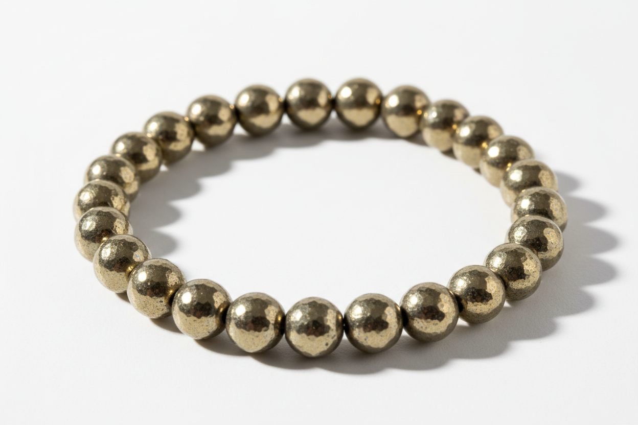 Create a premium product image of a **Pyrite Money Bracelet** made with natural pyrite โfoolโs goldโ crystal beads. Arrange the bracelet neatly in a circular shape on a clean white background with soft shadows. Highlight the metallic gold shine and strong wealth, abundance, and prosperity energy. 1:1 square image.