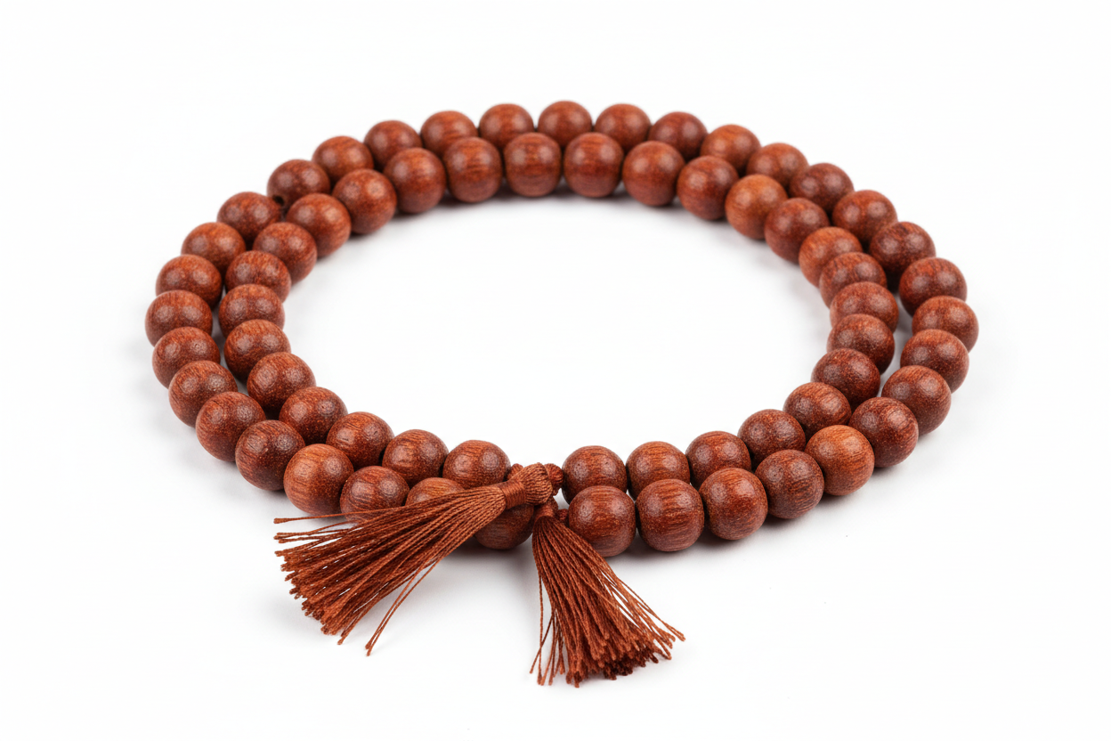 Create a premium product image of a **Red Chandan Mala 6mm** with natural red sandalwood beads and a tassel. Arrange the mala clearly in a neat circular shape on a clean white background with soft shadows. Make the beads look warm, polished, and spiritual—ideal for meditation and healing. 1:1 square image.