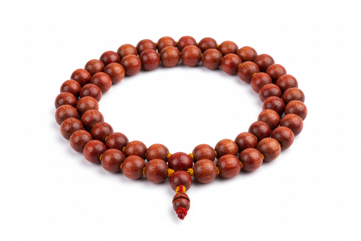 Create a premium product image of a **Red Chandan Mala 8mm** with natural red sandalwood beads and a latkan. Arrange the mala neatly in a clear circular shape on a clean white background with soft shadows. Highlight the rich red wood texture and spiritual healing energy. 1:1 square image.