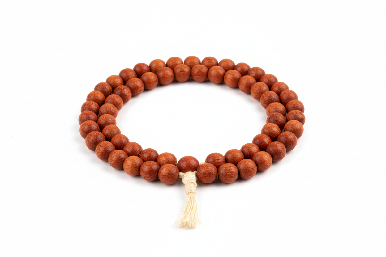 Create a premium product image of a **Red Chandan Mala 8mm** with natural red sandalwood beads and a thread tassel. Arrange the mala clearly in a circular shape on a clean white background with soft shadows. Highlight the warm red wood texture and spiritual energy, making it ideal for meditation and japa. 1:1 square image.