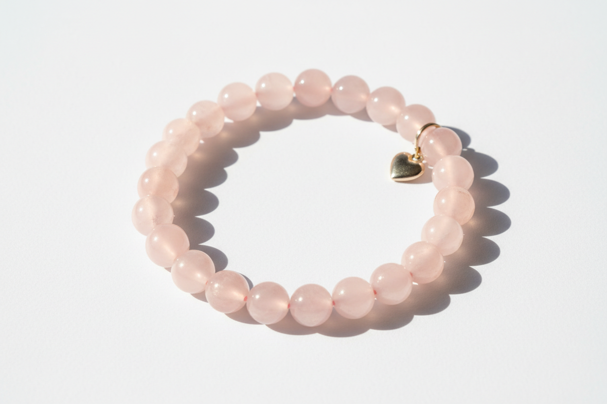 Create a premium product image of a **Rose Quartz Love Crystal Bracelet** made with natural pink rose quartz beads. Arrange the bracelet neatly in a circular shape on a clean wh