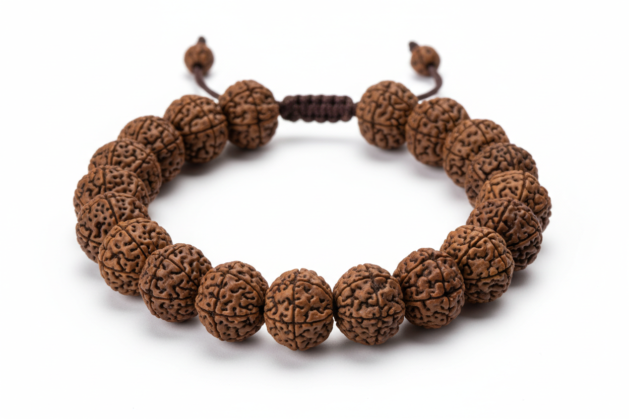 Create a premium product image of a **Rudraksha Adjustable Bracelet** made with 2, 3, 4, 5, 6, and 7 Mukhi natural Rudraksha seeds. Arrange the bracelet neatly in a circular shape on a clean white background with soft shadows. Highlight the different seed textures and complete chakra balancing spiritual energy. 1:1 square image.