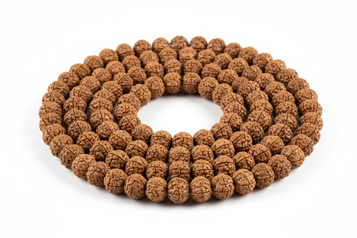 Create a premium product image of a **Rudraksha Mala 6mm** made from authentic small Rudraksha seeds. Arrange the mala neatly in a clear circular shape on a clean white background with soft shadows. Highlight the natural seed texture and spiritual healing meditation energy. 1:1 square image.