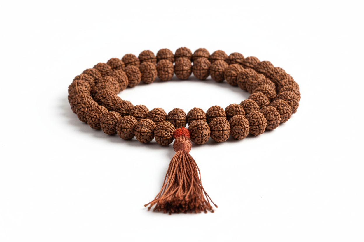Create a premium product image of a **Rudraksha Mala 8mm with Thread Tassel** made from natural Rudraksha seeds. Arrange the mala neatly in a circular or flowing shape on a clean white background with soft shadows. Highlight the authentic seed texture and traditional Hindu japa meditation energy. 1:1 square image.