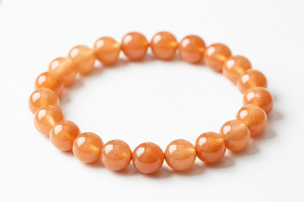 Create a premium product image of a **Sunstone Confidence Bracelet** made with natural orange sunstone beads. Arrange the bracelet neatly in a circular shape on a clean white background with soft shadows. Highlight the sparkling orange tones and its success, motivation, and solar plexus leadership energy. 1:1 square image.