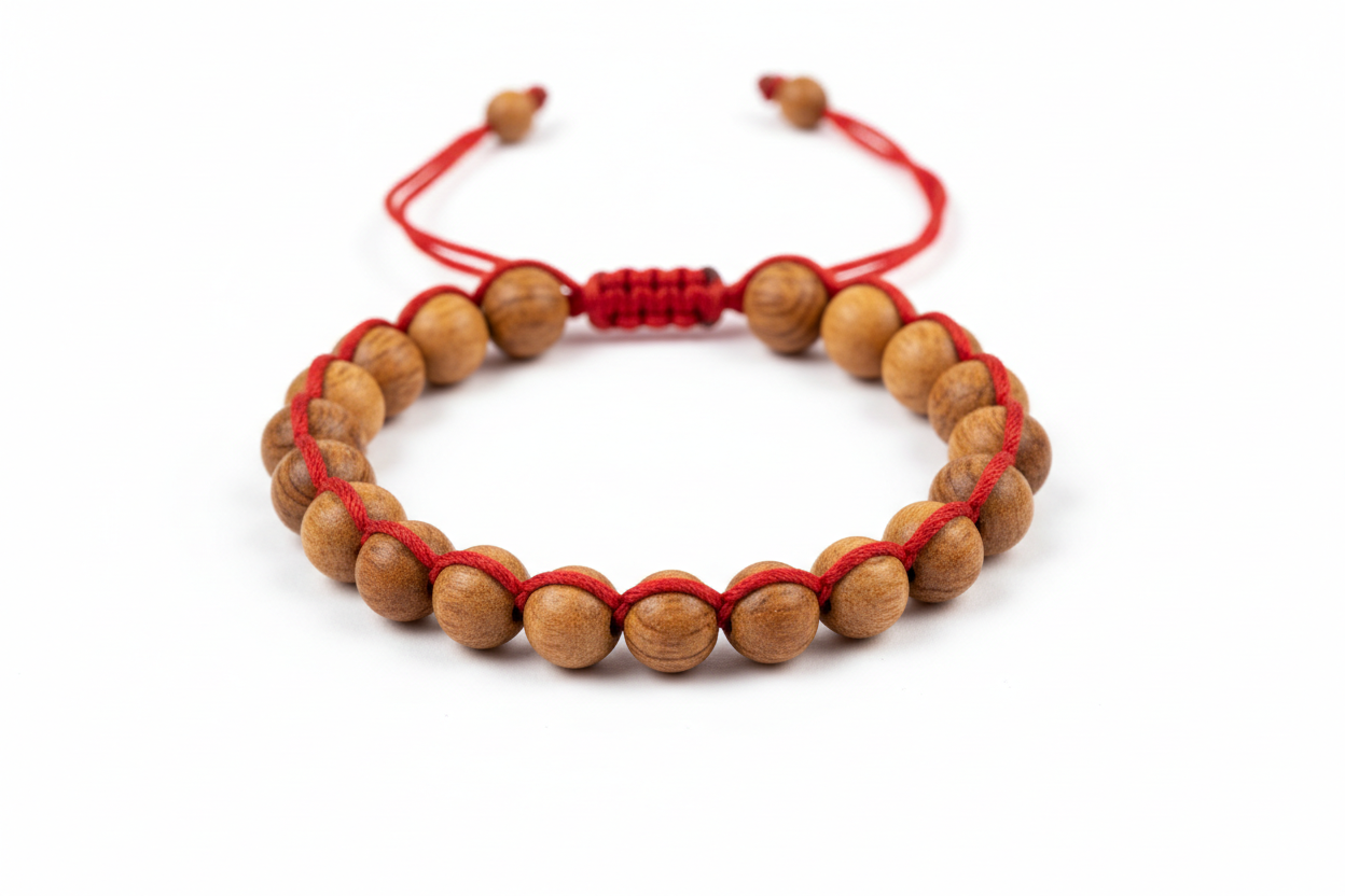 Create a premium product image of a **Tulsi Adjustable Thread Bracelet** made with natural sacred basil wood beads and a red adjustable thread. Arrange the bracelet neatly in a circular shape on a clean white background with soft shadows. Highlight the Tulsi wood texture and traditional Hindu spiritual energy. 1:1 square image.
