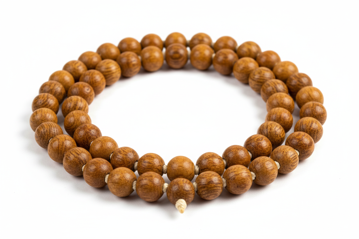 Create a premium product image of a **Tulsi Kanthi Mala** made from natural holy basil wood beads. Arrange the mala neatly in a circular shape on a clean white background with soft shadows. Highlight the sacred Tulsi wood texture and Krishna devotion spiritual energy. 1:1 square image.