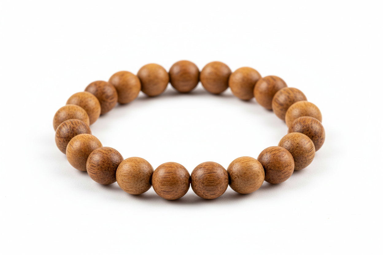 Create a premium product image of a **Tulsi Sumanni Bracelet** made with natural holy basil wood beads. Arrange the bracelet neatly in a circular shape on a clean white background with soft shadows. Highlight the sacred Tulsi wood texture and its spiritual protection and Krishna devotion energy. 1:1 square image.