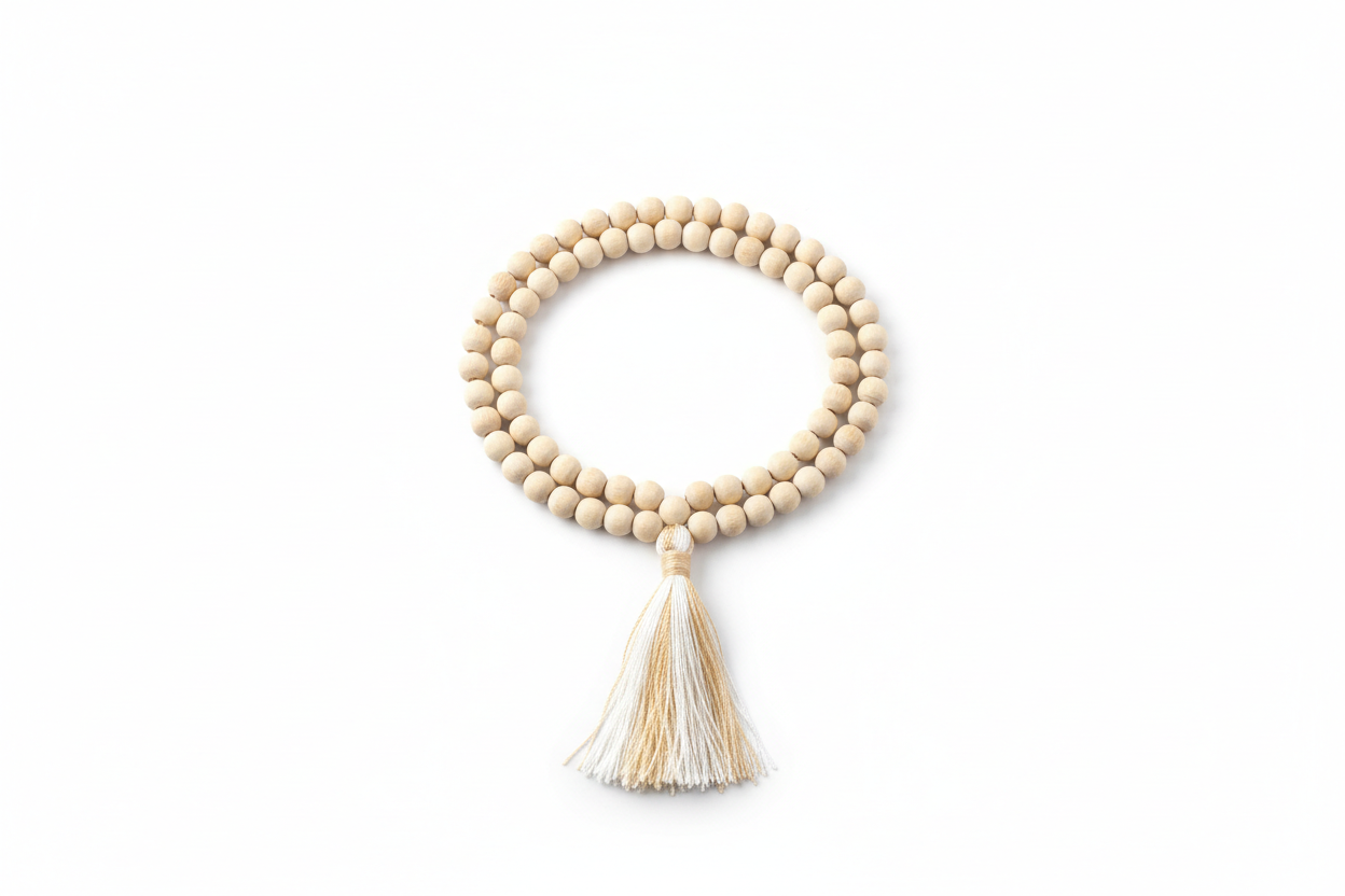 Create a premium product image of a **White Chandan Mala 6mm** with natural sandalwood small beads and a tassel. Arrange the mala neatly in a clear circular shape on a clean white background with soft shadows. Highlight the light wood texture and calm spiritual meditation energy. 1:1 square image.