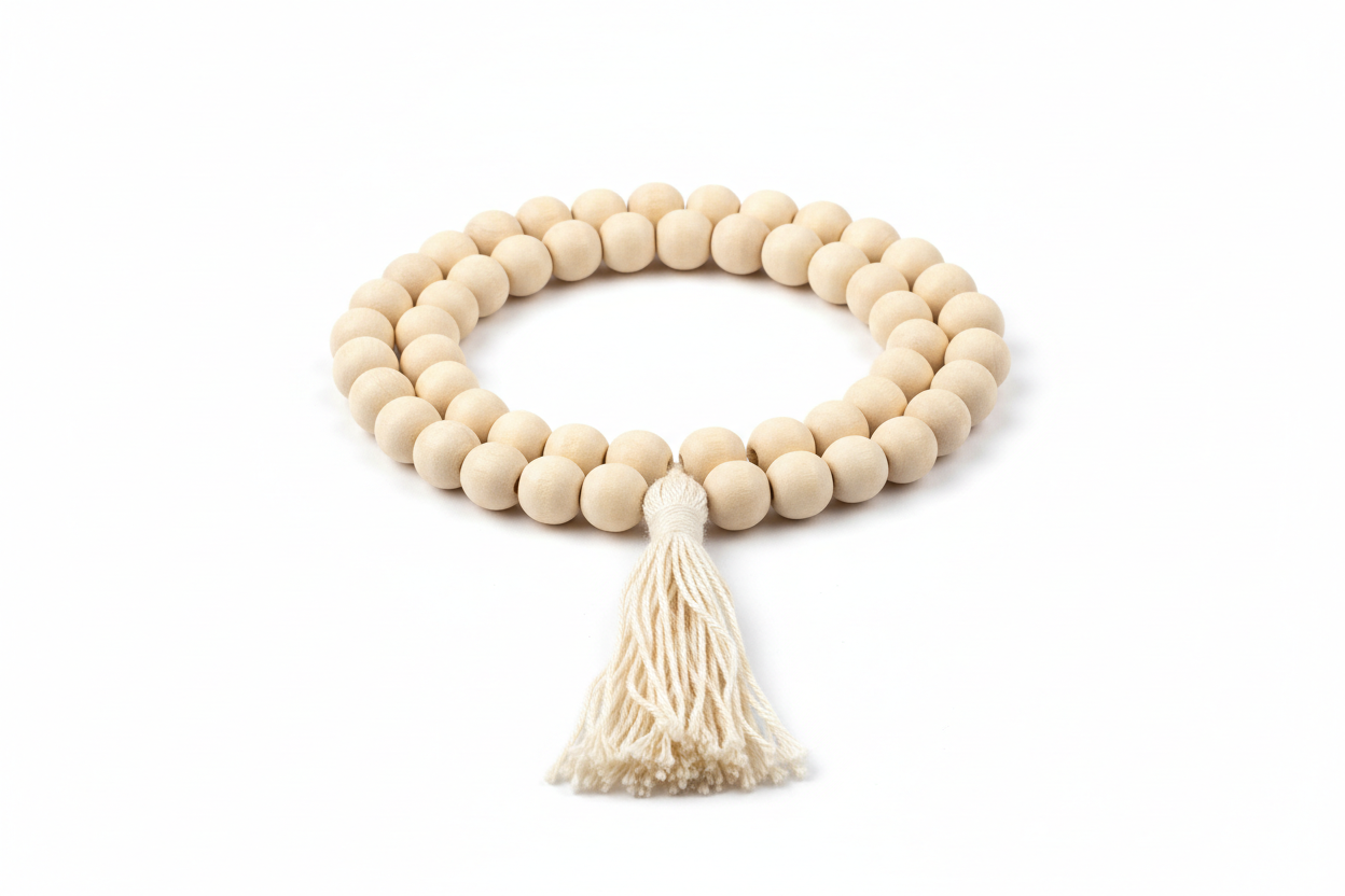 Create a premium product image of a **White Chandan Mala 8mm** with natural sandalwood beads and a thread latkan. Arrange the mala neatly in a clear circular shape on a clean white background with soft shadows. Highlight the smooth light-wood texture and cooling meditation energy. 1:1 square image.