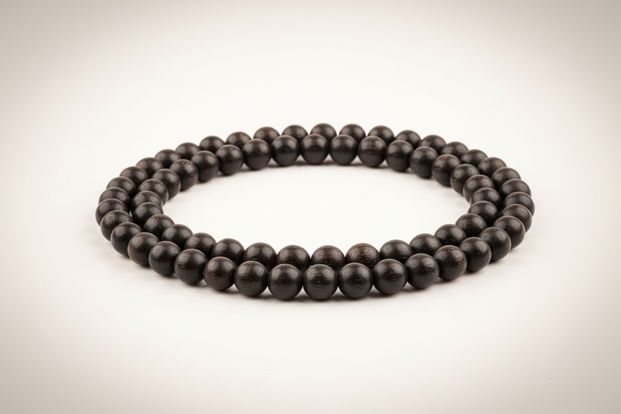 Create a premium studio-quality product image of a **Karungali Mala 6mm** made from natural ebony wood black beads. Arrange the mala neatly in a full circular or flowing shape so the entire mala is clearly visible. Use a clean white or soft cream background with soft shadows for a luxury look. Make the 6mm beads appear smooth, polished, and authentic with a subtle spiritual aura, highlighting protection, meditation, and Hindu spiritual energy. Keep the style minimal, elegant, and