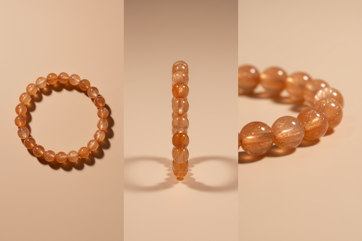 Create a product bundle image showing three angles of the Sunstone bracelet in one frame:
Full circle
Side view
Close-up texture
Use a minimalist warm-toned background and soft shadows.