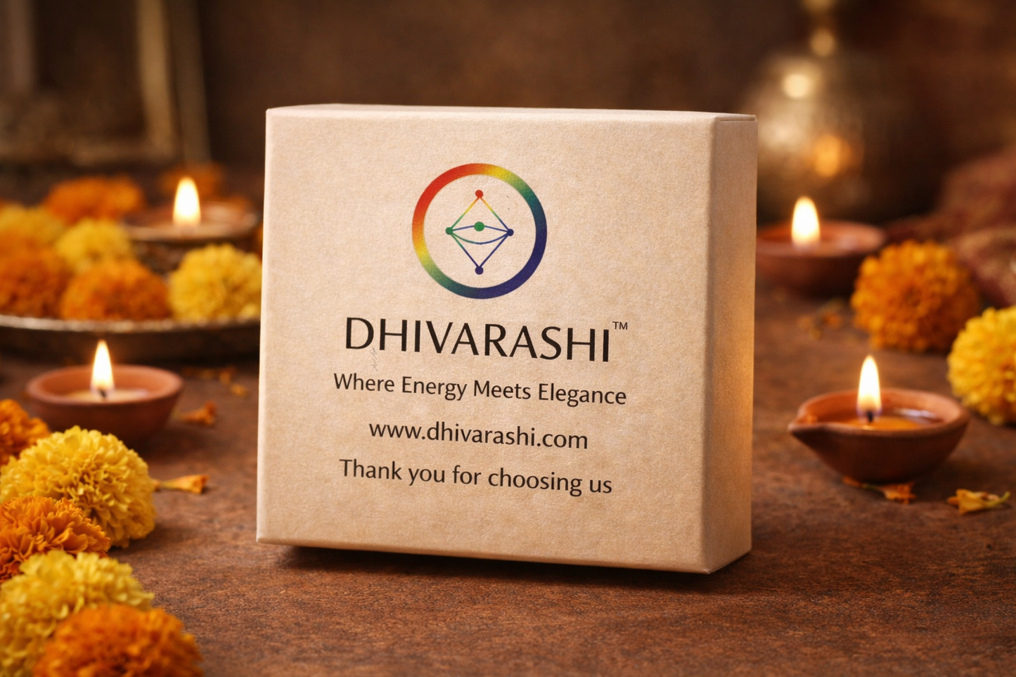 Dhivarashi premium product gift box placed with decorative lamps and flowers on dark background