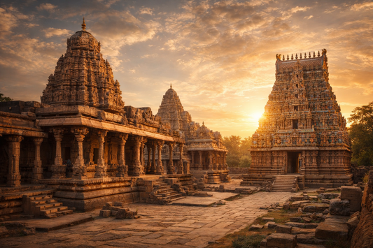 Ancient Hindu temple complex in India at sunrise, showcasing traditional stone carvings and classical Indian temple architecture.