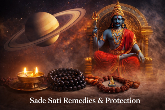 Shani Dev with Saturn planet, rudraksha beads and lamp representing Sade Sati remedies.