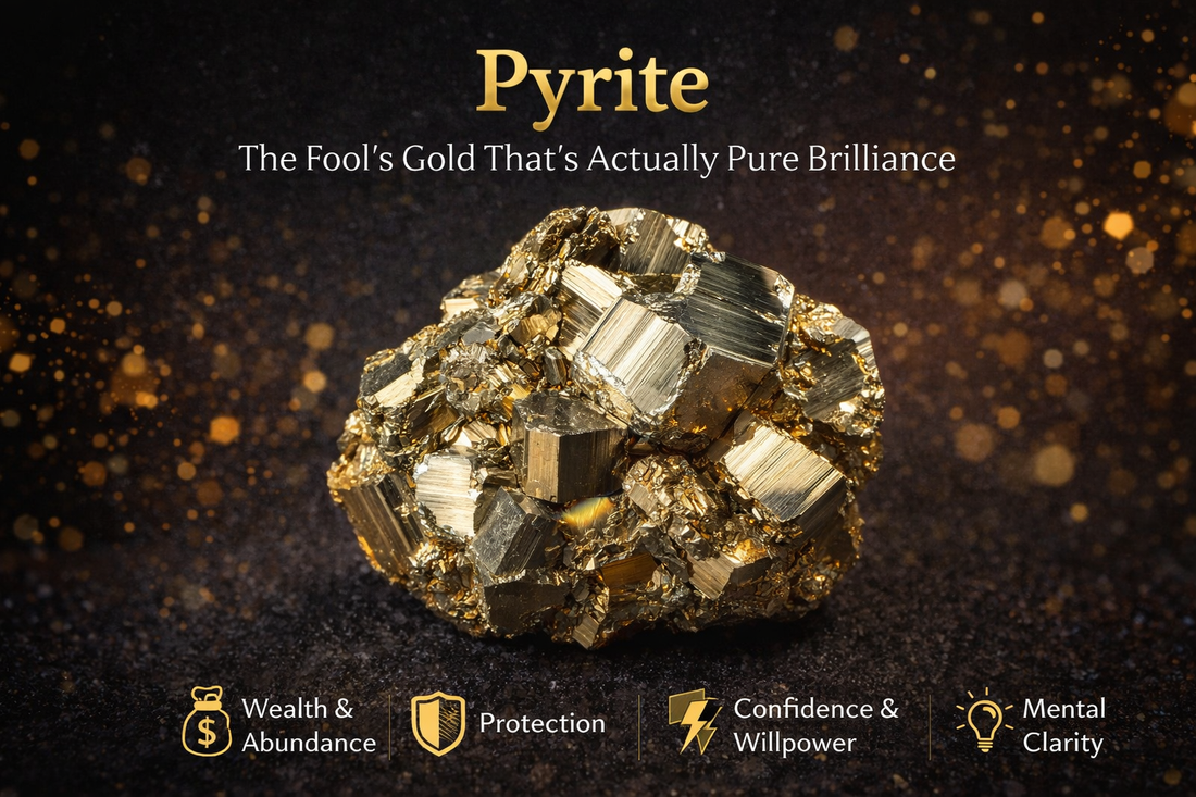 Pyrite stone crystal known as Fool’s Gold showing its golden metallic structure, benefits for wealth, abundance, protection and confidence