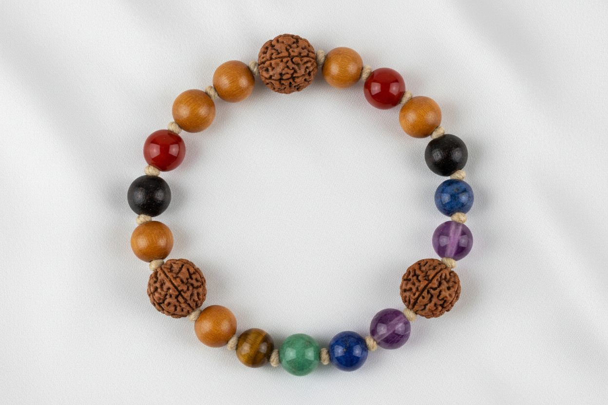 23-bead spiritual bracelet on white silk: 4 brown rudraksha (10mm textured), 8 golden sandalwood, 4 dark tulsi, 7 crystals (red carnelian, orange citrine, yellow tiger's eye, green aventurine center, blue sodalite, indigo lapis lazuli, purple amethyst). Circular arrangement, top view, natural lighting, product photography.