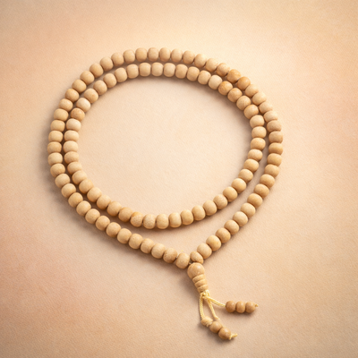 Dhivarashi White Chandan Mala Thread Latkan 8mm - Sandalwood Natural Beads Cooling Meditation Prayer Spiritual Jewelry