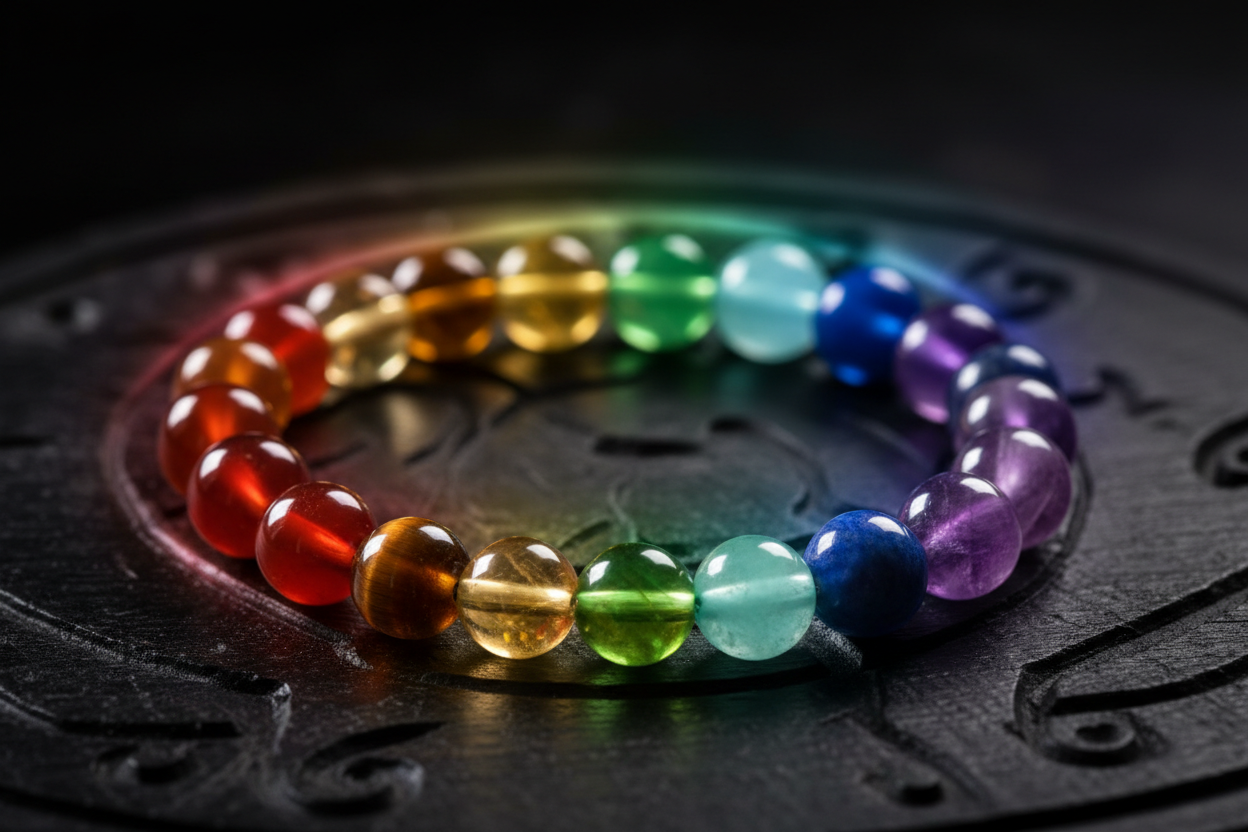 “7 Chakra Healing Bracelet made with Carnelian, Citrine, Tiger Eye, Aventurine, Sodalite, Lapis Lazuli, and Amethyst beads arranged in chakra order. Ultra-realistic, premium lighting, placed on a dark spiritual background with a soft multicolor chakra aura glow. Luxury e-commerce style, sharp details, high clarity.”