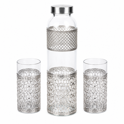 German Silver Glass Bottle & 2 Glasses Set with Blue Velvet Gift Box | Corporate & Wedding Gift