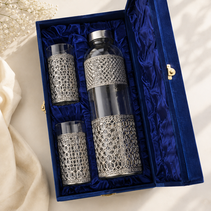 German Silver Glass Bottle & 2 Glasses Set with Blue Velvet Gift Box | Corporate & Wedding Gift