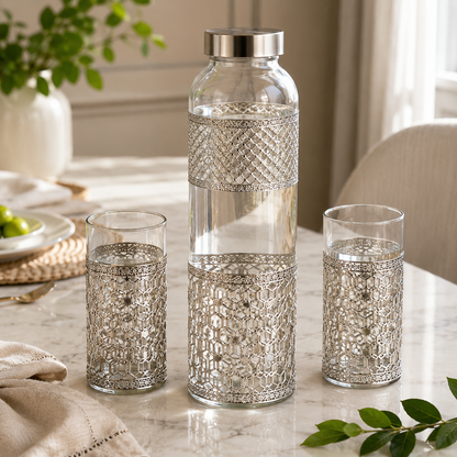 German Silver Glass Bottle & 2 Glasses Set with Blue Velvet Gift Box | Corporate & Wedding Gift