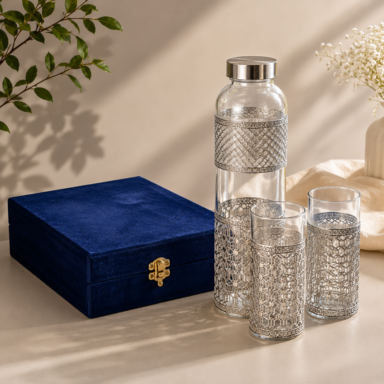 German Silver Glass Bottle & 2 Glasses Set with Blue Velvet Gift Box | Corporate & Wedding Gift
