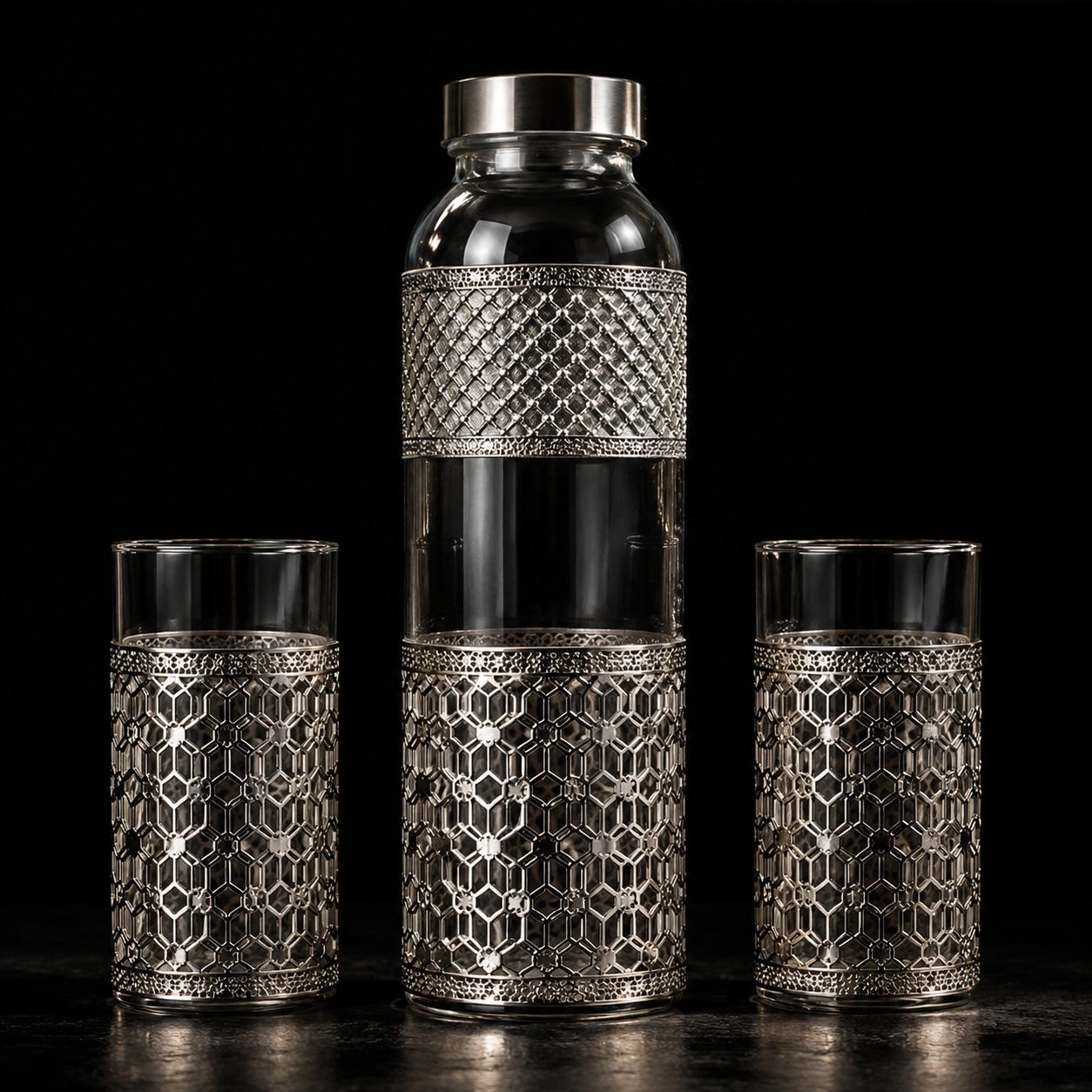 German Silver Glass Bottle & 2 Glasses Set with Blue Velvet Gift Box | Corporate & Wedding Gift