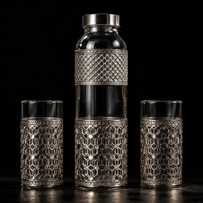 German Silver Glass Bottle & 2 Glasses Set with Blue Velvet Gift Box | Corporate & Wedding Gift