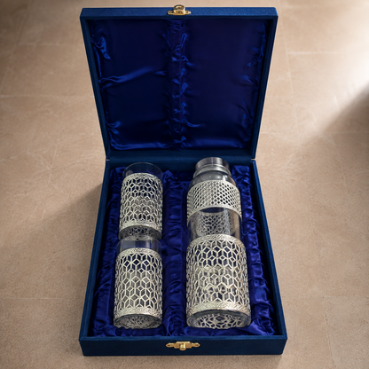 German Silver Glass Bottle & 2 Glasses Set with Blue Velvet Gift Box | Corporate & Wedding Gift