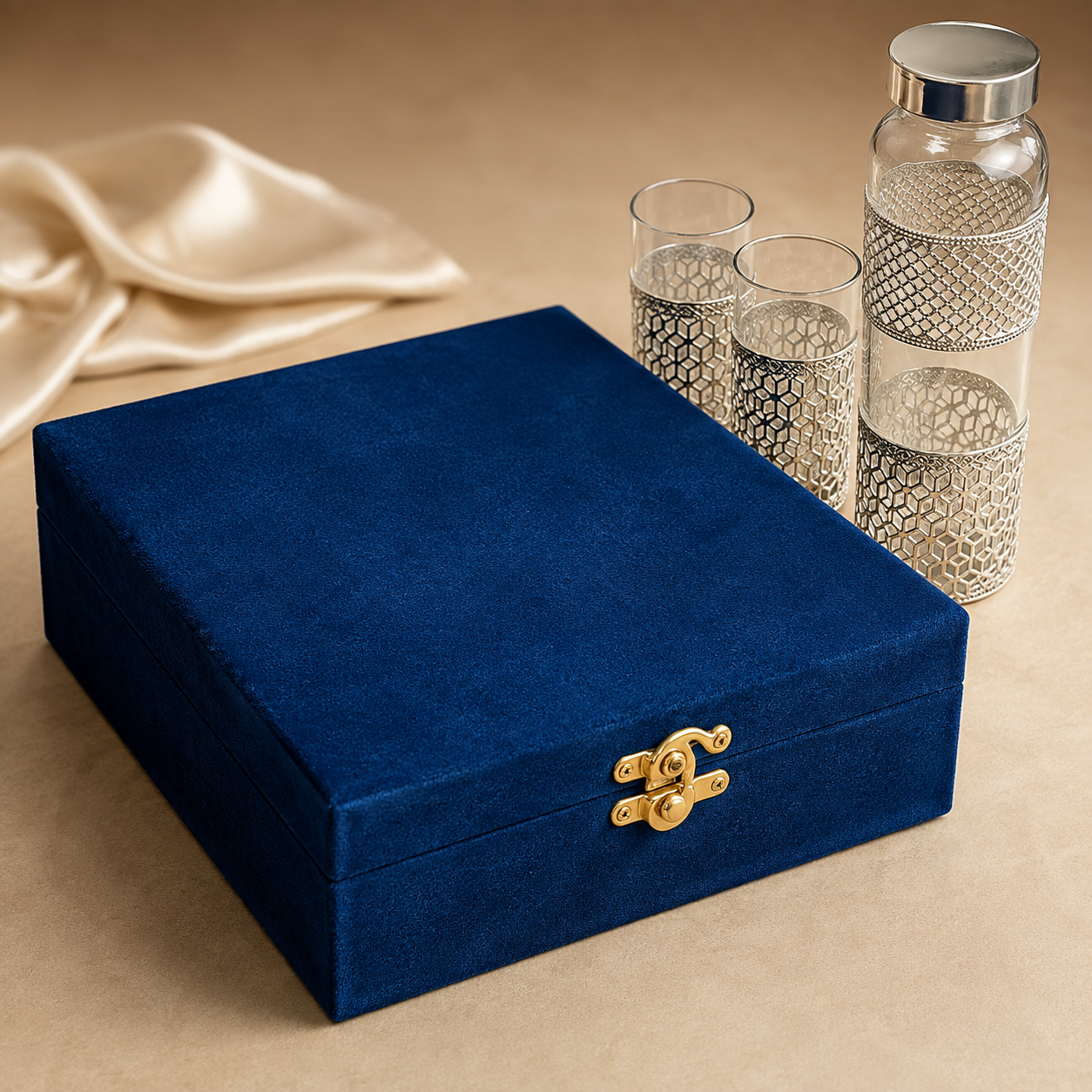 German Silver Glass Bottle & 2 Glasses Set with Blue Velvet Gift Box | Corporate & Wedding Gift