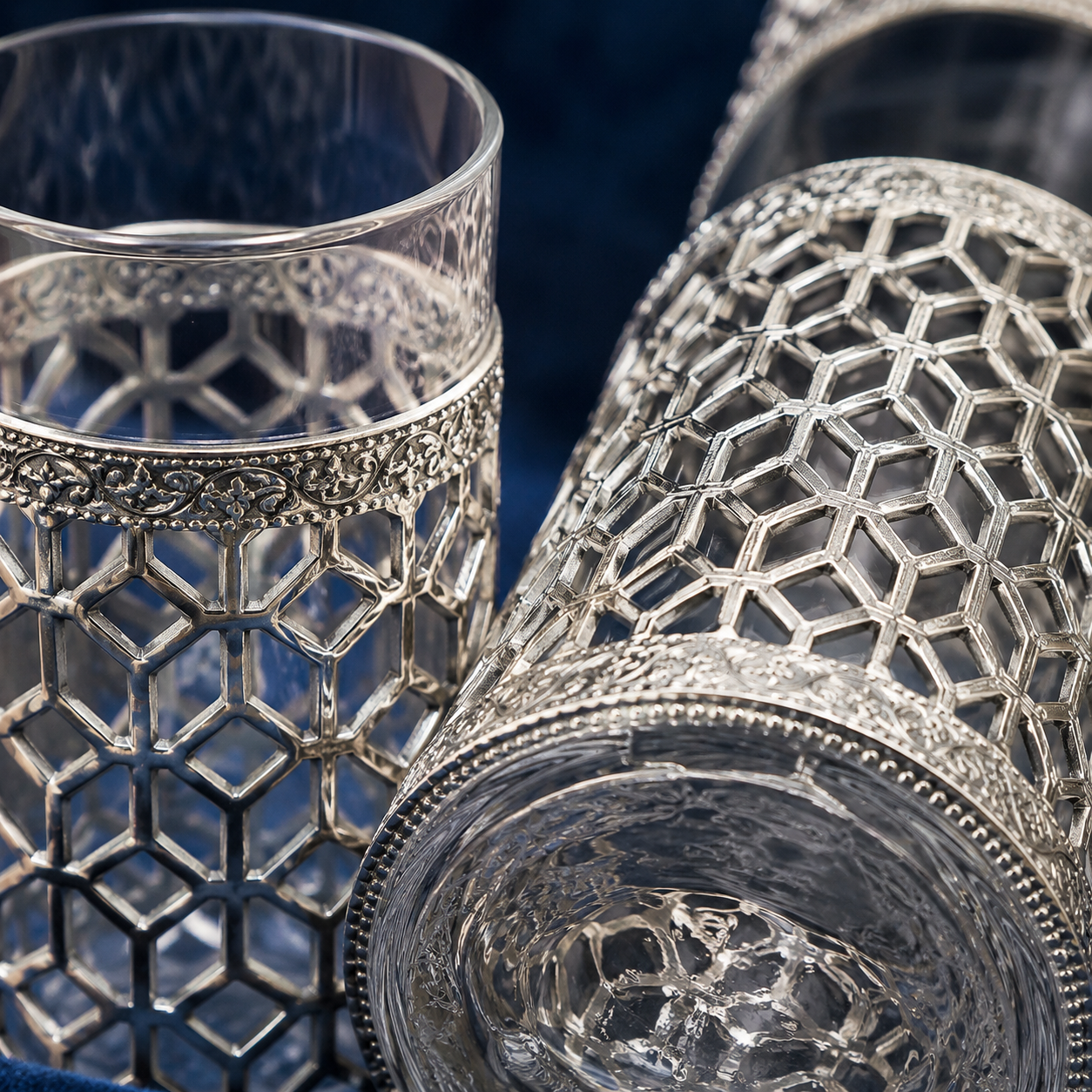 German Silver Glass Bottle & 2 Glasses Set with Blue Velvet Gift Box | Corporate & Wedding Gift