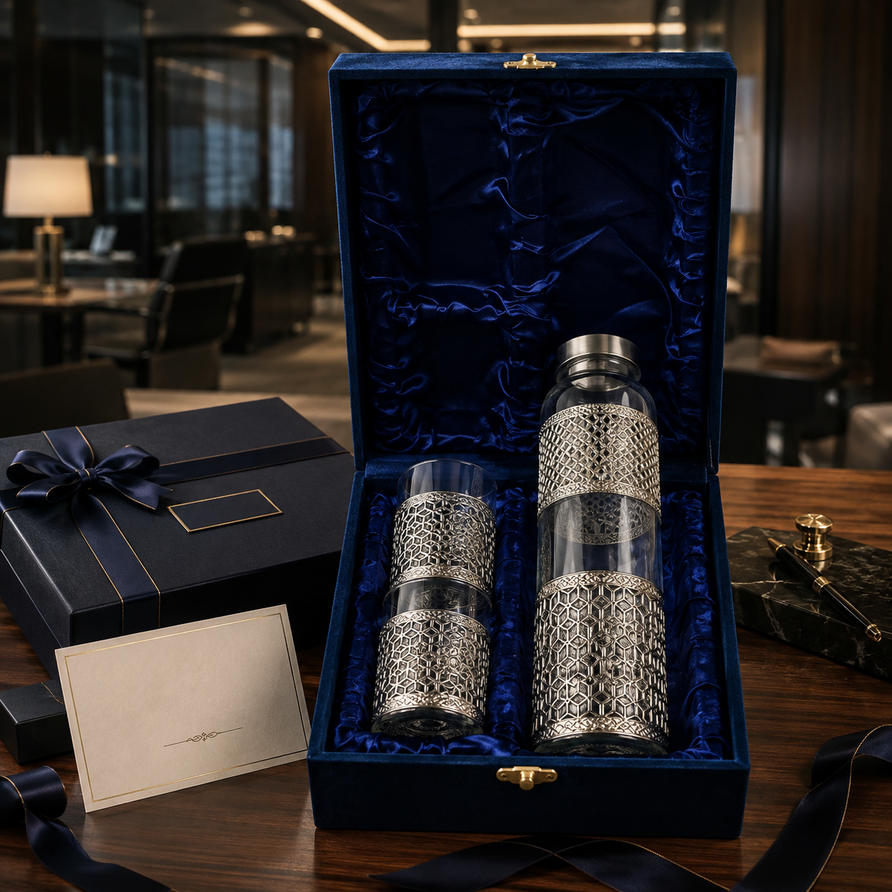 German Silver Glass Bottle & 2 Glasses Set with Blue Velvet Gift Box | Corporate & Wedding Gift