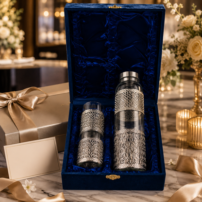 German Silver Glass Bottle & 2 Glasses Set with Blue Velvet Gift Box | Corporate & Wedding Gift