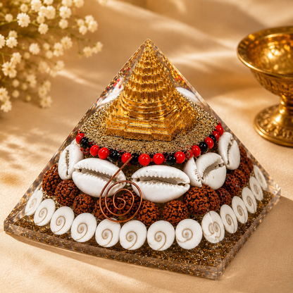 Laxmi Yantra Pyramid | Gomti Chakra Orgonite Pyramid | Sri Yantra, Rudraksha & Copper Coil | Lab Certified | 75mm & 90mm
