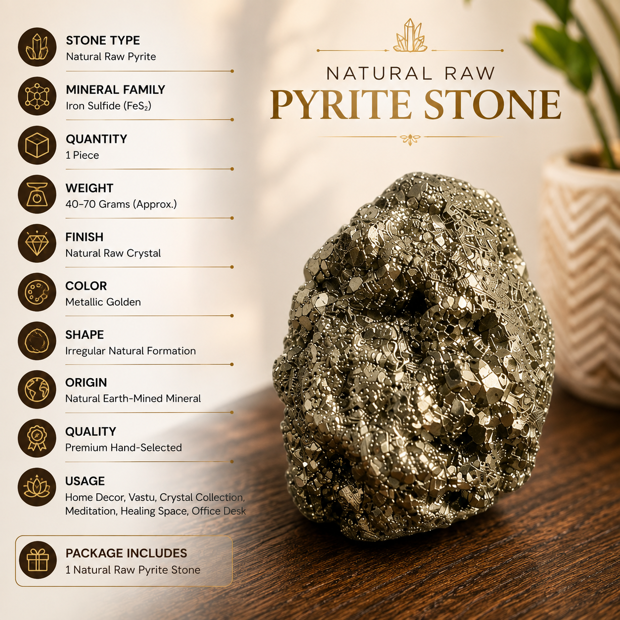 Natural Raw Pyrite Stone | 100% Earth-Mined Crystal | 40–70g Specimen
