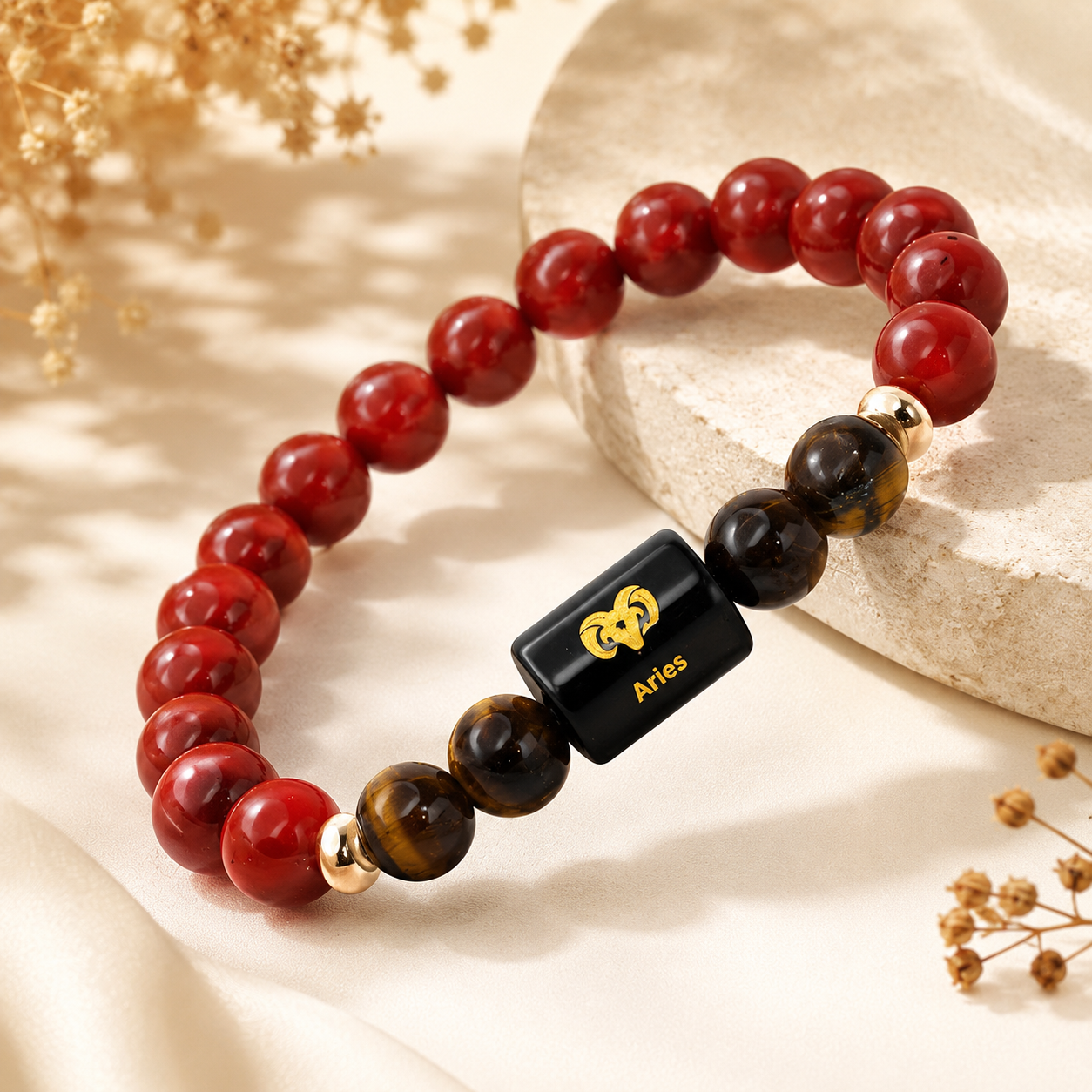 Aries Zodiac Bracelet (मेष राशि) | Natural Red Jasper & Tiger Eye | Courage, Confidence & Motivation | Crystal Bracelet for Men & Women