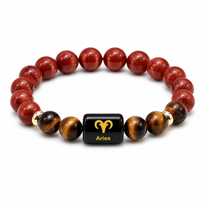 Aries Zodiac Bracelet (मेष राशि) | Natural Red Jasper & Tiger Eye | Courage, Confidence & Motivation | Crystal Bracelet for Men & Women