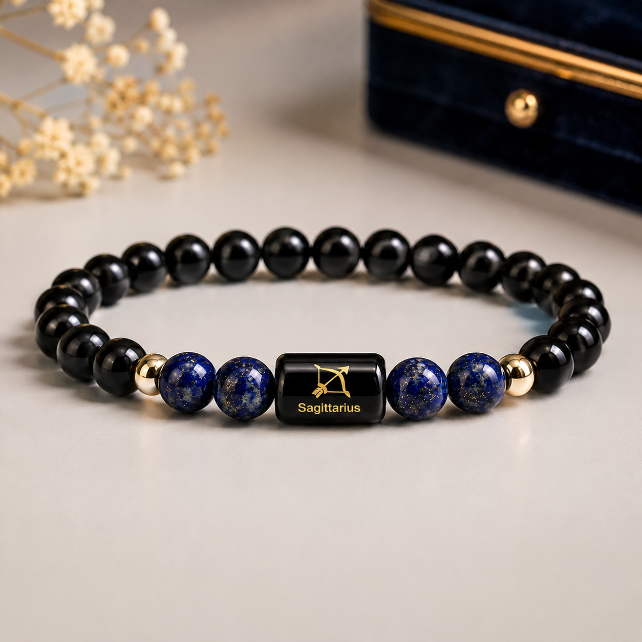Sagittarius Zodiac Bracelet for Men & Women | Dhanu Rashi Bracelet with Black Obsidian & Lapis Lazuli Beads | Astrology Birth Sign Bracelet for Protection, Focus, Wisdom & Positive Energy | Unisex Stretch Bracelet