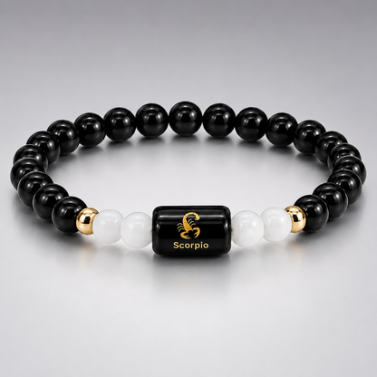 Scorpio Zodiac Bracelet | Black Obsidian & Milky Quartz | Vrishchik Rashi